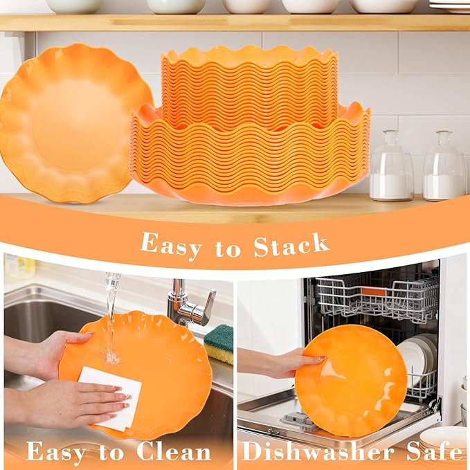 LIYH 50 Pcs Orange Scalloped Plastic Plates Heavy Duty Plates Reusable Unbreakable Plastic Plate for Party,Dishwasher Safe BPA Free (25Guests)