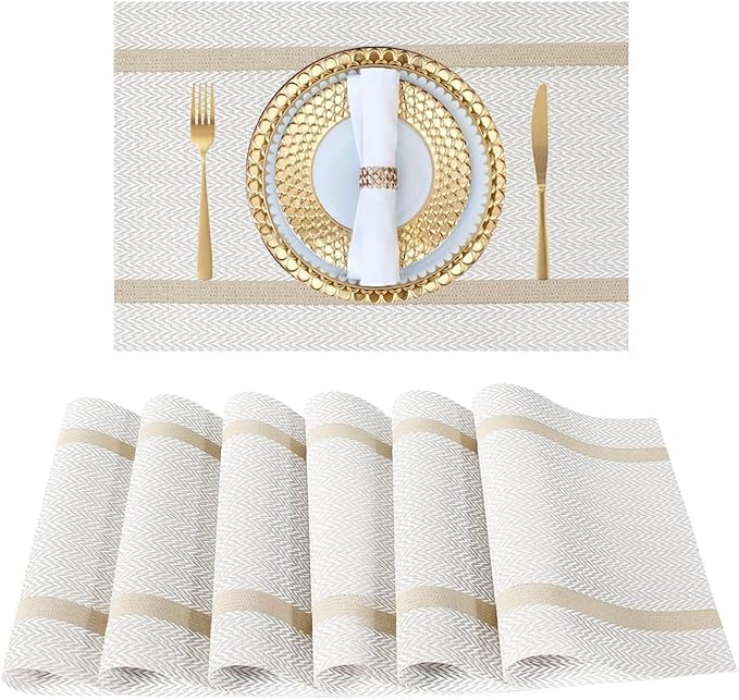 FAVE Placemats Set of 12 White Placemats Woven with Golden Thread Vinyl Place Mats Heat Resistant Table Mats Set of 12 for Wedding, Banquet, Birthday, Party, Restaurant(White, 12"x18"-12PCS)