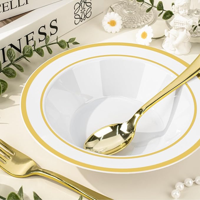 BESTVIP 200 Pack Plastic Bowls with Gold Rim, 12 Oz Disposable Bowls Disposable Bowls for Parties, Wedding, Christmas, Soak Proof Bowls for Breakfast, Lunch, and Dinner Meals