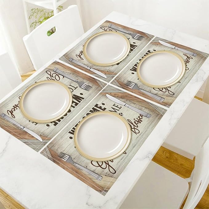 Vintage Farmhouse Placemat Set, Beige White Rustic Wooden Plank Patchwork Welcome Home Letter Inspirational Quotes Pattern Home Decor Linen Table Mats for Dining Room Kitchen Party (17x12in) x2P