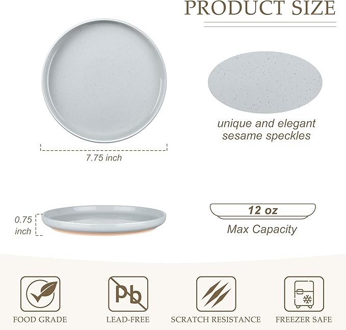 LIANYU 6Pcs Stoneware Dinner Plates, 7.75 Inch Small Porcelain Salad Plate Set, Kitchen Ceramic Serving Dishes Set for Dining, Microwave, Oven & Dishwasher Safe, Scratch Resistant, Glacier Gray