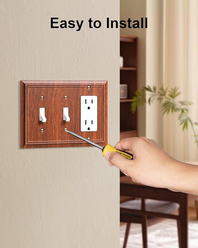2-Pack Combo Double Toggle/Decorator Outlet Cover Plate, Wood Grain Decorative Switch Plates and Outlet Covers, Durable Natural Bamboo Fiber Wall Plates for Electrical Outlets, Receptacle, GFCI Outlet