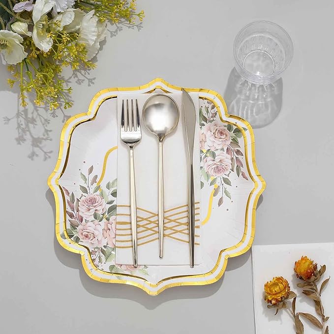 50 Pack 10" White/Gold Floral Print Scallop Rim Dinner Plates, Disposable Round Paper Party Plates 300 GSM for Festive Table Decoration