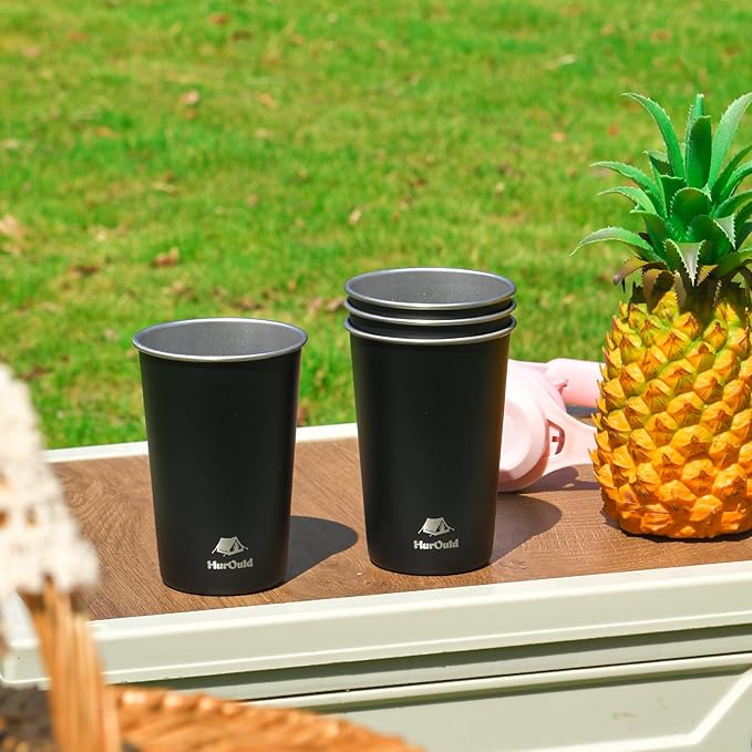8 Pack Stainless Steel Cups 16oz -Black Stackable Metal Drinking Glasses for Camping, Travel, Shatterproof Tumblers