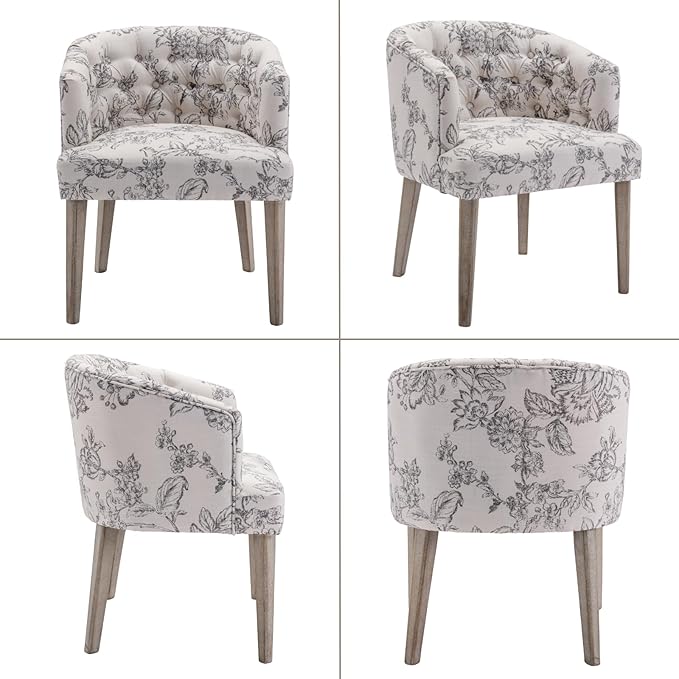 Mid-Century Modern Dining Chairs Set of 6, Tufted Upholstered Linen Dining Room Chairs with Wooden Legs, Floral Pattern