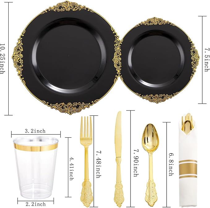 Hioasis 210pcs Black and gold Plates - Black Party Plates for 30 Guest, Include 60 Heavy-duty Plates(20% Thicker Than Standard), 30 Pre Rolled gold Plastic goldware Set, 30 Cups