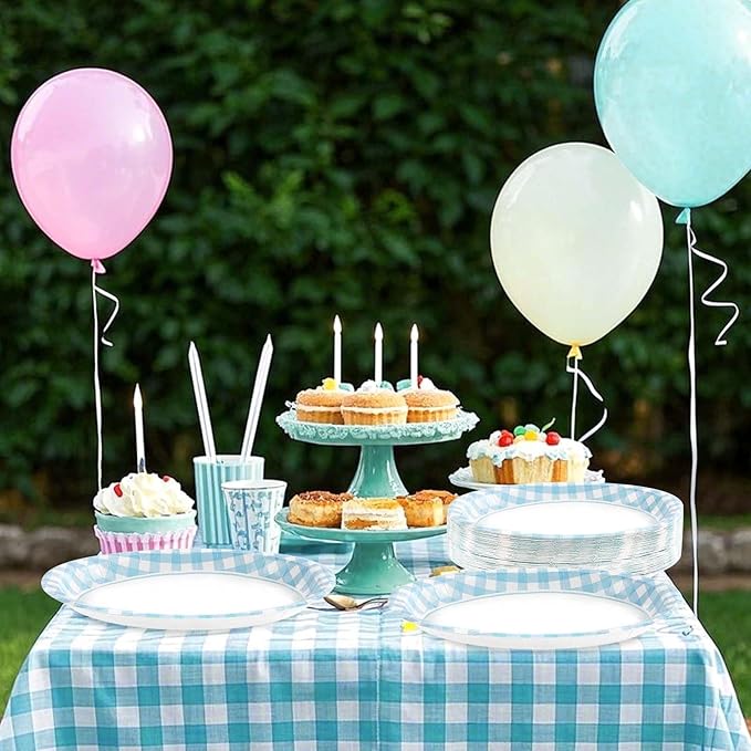 50PCS Light Blue Gingham Paper Oval Plates 10" X 12" Disposable Light Blue and White Gingham Party Plates Disposable Heavy Duty Checkered Plaid Dinnerware for BBQ Gathering Picnic Baby Shower Birthday