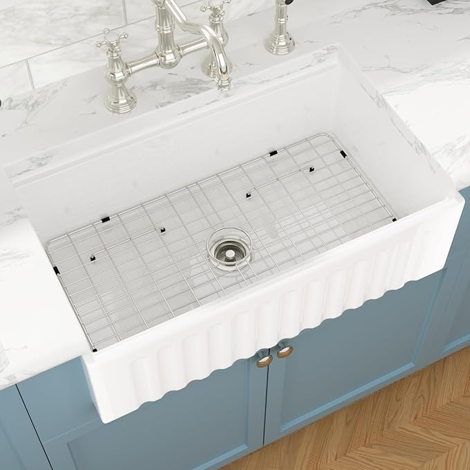 Sarlai 33 White Farmhouse Kitchen Sink - 33x20 Inch Farm Kitchen Sink Reversible Design Ledge Workstation White Ceramic Porcelain Fireclay Farmer Sinks 10" Inch Deep Single Bowl Basin