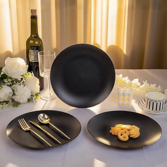 EI enjonirinjonir 80pcs Black Plastic Plates Disposable for Dinner,10.25inch Party Plates Disposable Heavy Duty,Elegant Matte Plastic Plate Frosted is Ideal for Wedding/Birthday//Tables Decoration