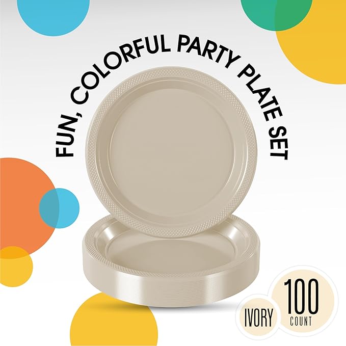 Ivory Plastic Plates For Party 10" Ivory Disposable Plates Heavy Duty 100 Pcs Plastic Dinnerware Sets Heavy Duty 350 GSM Disposable Dinnerware Set
