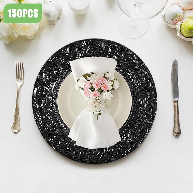 150 Pcs Charger Plates Set, Round Charger Plates, Reusable Serving Plates Embossed Rim Plastic Chargers Plate Decorative Round Plate Chargers for Dinner Plate Table Wedding Shower Decoration