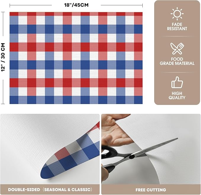 Artoid Mode Buffalo Plaid Vinyl Placemats Set of 4, 12x18 Inch Washable Non-Slip Heat Resistant Plastic Place Mats for Party Dining Table, Blue/Red