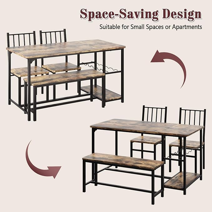 Dining Table for 4, Kitchen Table Set for 4 With 2 Chairs and Bench, Dining Room Table Set with Built in Wine Rack & Wine Glasses Holder, Storage Shelves for Small Space, Kitchen, Rustic Brown