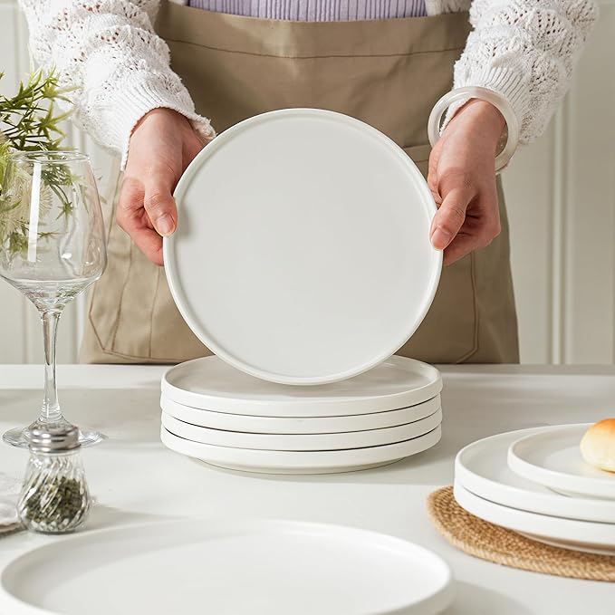 Stoneware Salad Plates Set of 4, 8 Inch Plates for Dessert, Ceramic Plates Sets, Microwave Safe, Dishwasher Safe, Versatile for All Seasons, Matte White