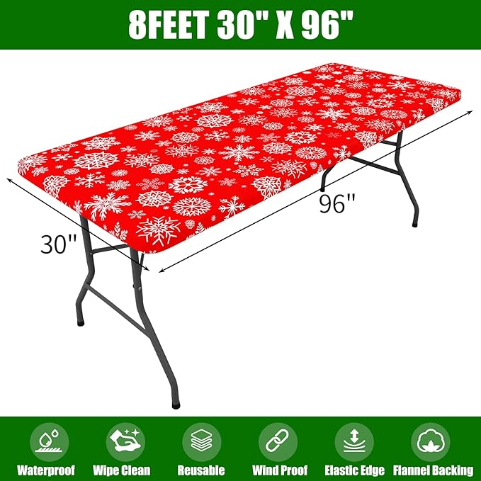 Smiry Plastic Christmas Tablecloth, Snowflake Waterproof Elastic Fitted Table Covers, Wipeable Flannel Backed Vinyl Tablecloths for Christmas Dinner, and New Year Celebration (Red, 30x96 Inches)