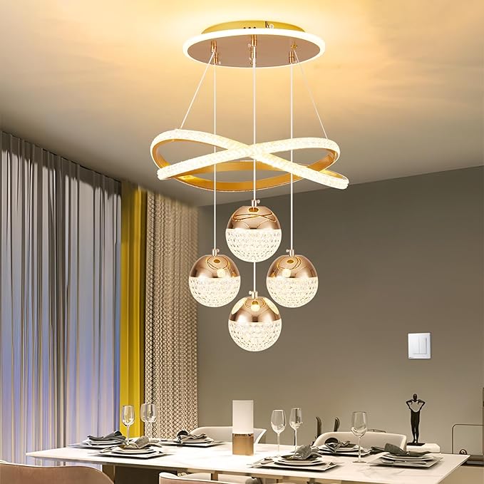 Modern Gold LED Chandeliers, 3-Color Dimmable Pendant Light for Kitchen Island, Dining Room, Living Room, Contemporary Hanging Ceiling Light, Adjustable Height, Perfect for Modern Home Decor.