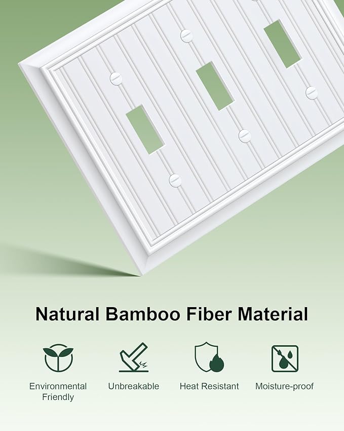 2-Pack Classic Beadboard Triple Toggle Light Switch Cover Plate, Durable Natural Bamboo Fiber Decorative Switch Plate Covers, Pure White 3 Gang Wall Plate, Corrosion Resistant
