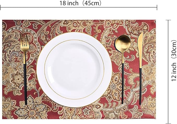 Luxury Retro placemats for Dinner Table Set of 6,Machine Washable Fabric Placemats Non-Slip Heat Resistant Indoor Dining Table mats placemats (Red, Set of 6)