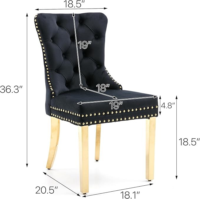 KCC Velvet Dining Chairs Set of 4, Upholstered High-end Tufted Dining Chair with Nailhead Back Ring Pull Trim Stainless Steel Legs, Contemporary Nikki Collection Modern Style for Kitchen, Black