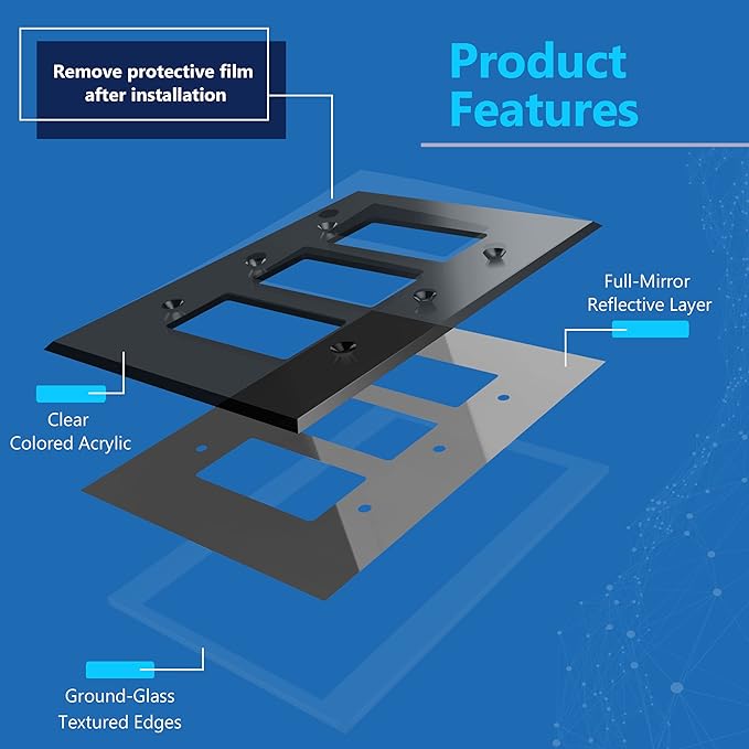LIDER Reflective Acrylic Decorator Wall Plate, Mirrored Light Switch Plate, Plexiglass Outlet Cover, Acrylic Glass, Oversized 3-Gang 5.25" x 7.06", LWP-33O-ABK5P, Black, 5 Pack