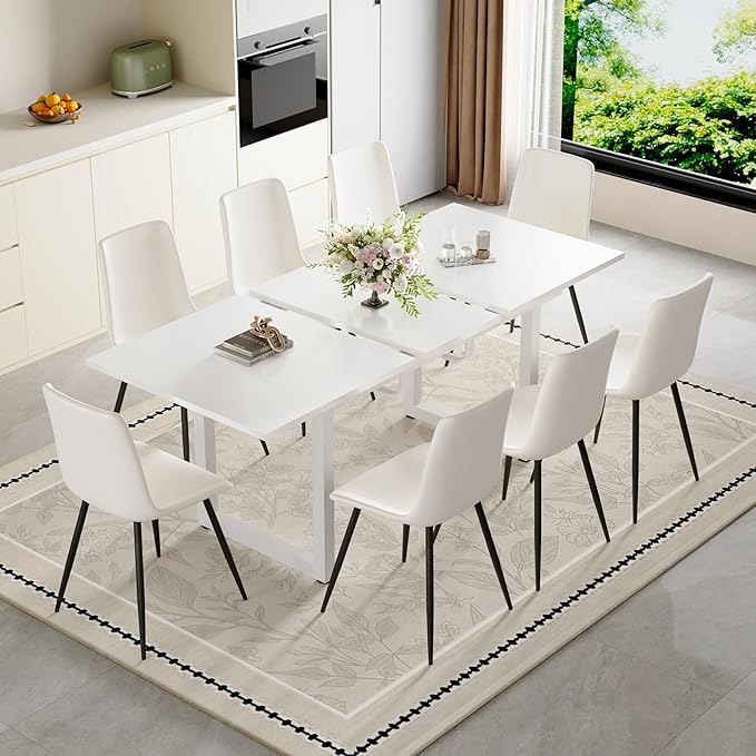 Extendable Dining Table Set for 8, 55"–71" Modern White Kitchen Table with 8 Upholstered Chairs, Space-Saving for Living Room Apartment, Sturdy & Comfortable, Easy Assembly