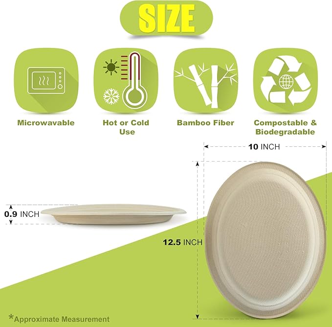 Green Earth, 12-Inch, 125-Count, Compostable Plates, Natural Bamboo Fibers, Everyday Tableware - Biodegradable Disposable Oval Shape Microwave-Safe Gluten-Free Eco-Friendly