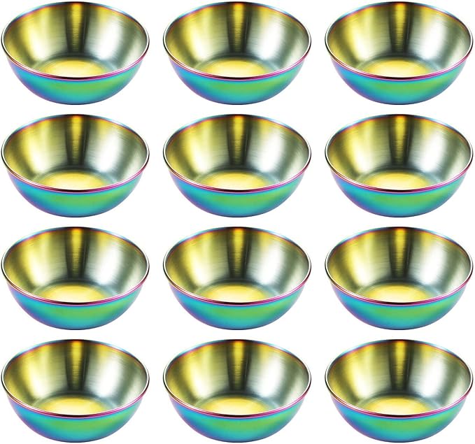 12 Pack Stainless Steel Sauce Dishes, Rainbow Mini Saucers Bowl Round Seasoning Dishes Sushi Dipping Bowl Appetizer Plates, 3.15inch