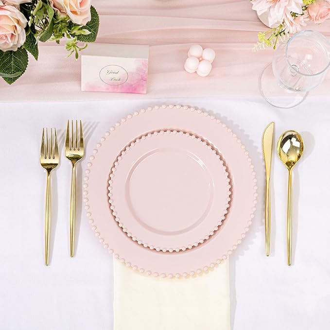U-QE 60PCS Pink Plastic Plates - Heavy Duty Beaded Pink Valentines Plates for Valentine's Day, Party, Wedding - Serving 30 Guests Include 30PCS 10inch Dinner Plate & 30PCS 7inch Dessert Plate