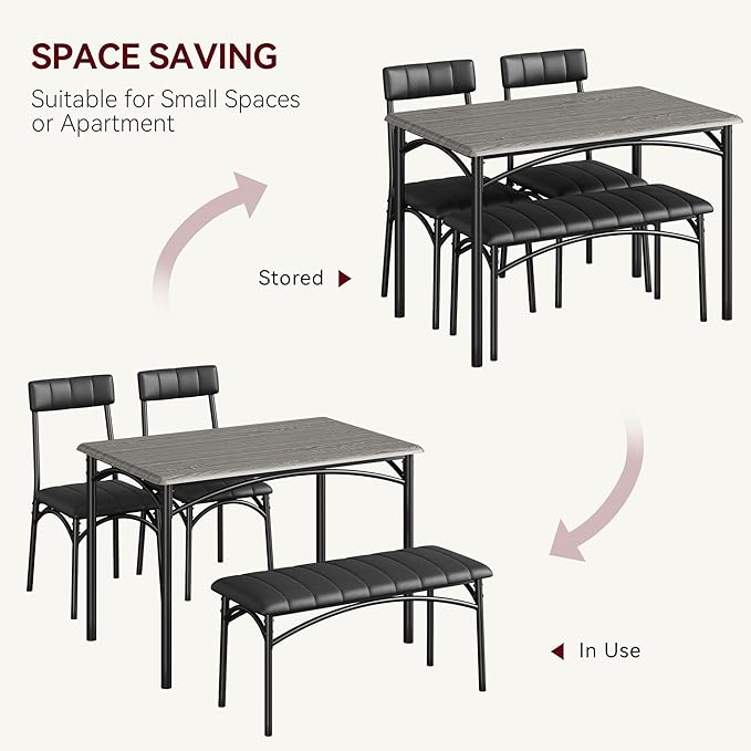 4-Piece Small Dining Table Set – Wood Table with 2 Upholstered Chairs & Bench, Space-Saving Retro Kitchen Dining Set for Small Apartment/Dining Room, Gray