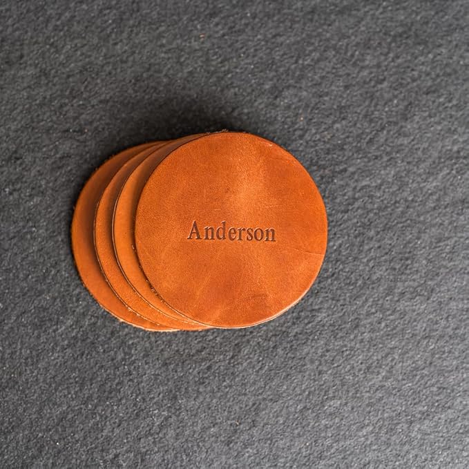 Ox & Pine Personalized Leather Coaster - Sold Individually or in Sets of 4 - Customize Inscription - 100% Full-Grain Leather – 4" Round or 4" Square (Round, Sienna, Set of 4 Coasters)