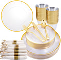 Rubtlamp 140Pcs Gold Plastic Plates, Clear Disposable Plates with Gold Trim, gold Dinnerware Include 20Dinner Plates,20Salad Plates, 20Cups,20Silverware With Pre Rolled Napkins