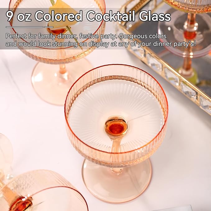 Light peach 9 oz Vintage Art Deco Coupe Glasses Set of 6 Ribbed martini Glasses |Vintage Cocktail Glasses Set,Unique Colored Coupe Glass, Classic Cocktail Glassware