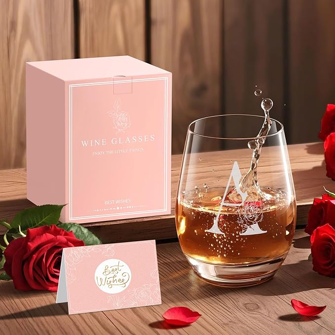 Valentines Day Gifts for Her, Gifts for Women Her Friend Mom Grandma Wife Sister Bridesmaid Nurse, Birthday Galentines Mothers Day Christmas, Personalized Initial Customized Wine Glasses 18OZ(A)