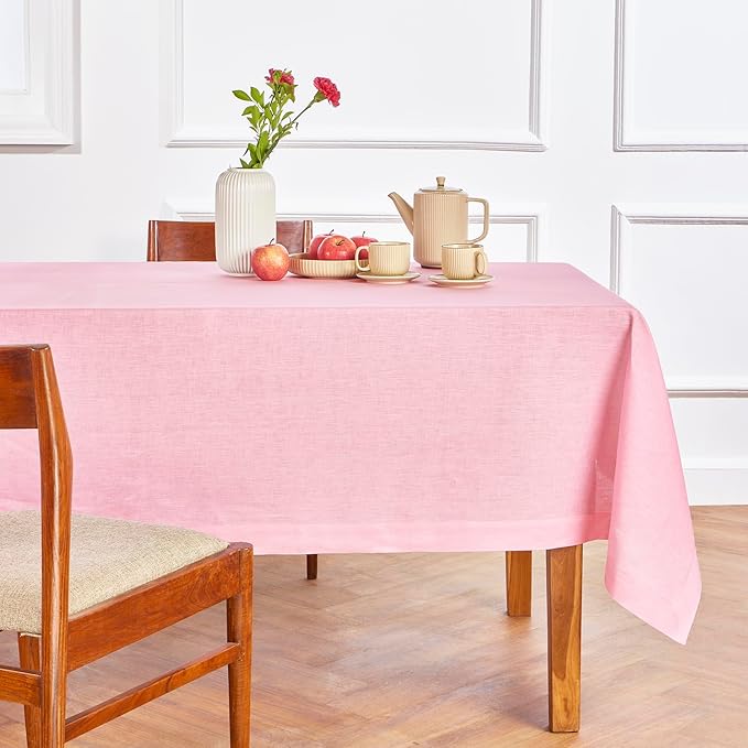 Solino Home Linen Tablecloth for Rectangle Tables 60 x 132 Inch - 100% Pure Linen Pink Lemonade Table Cloth - Fete, Machine Washable Cloth Tablecloth for Valentines, Spring, Easter