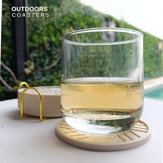 Beige Silicone Drinks Coasters Set of 6 - with Gold Holder, Smart Modern Grooved Pattern to Prevent Sticking from Cups, Protecs to Coffee Tables - Boho Vinatge Home Office bar Decor