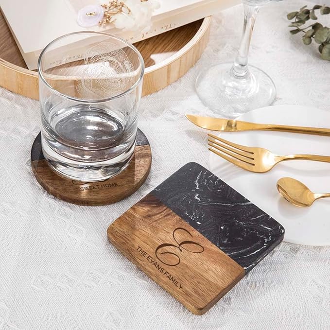 Personalized Glass Coaster Wood Marble Cup Coaster Custom Name and Text 4 Design Optional Gifts for Family