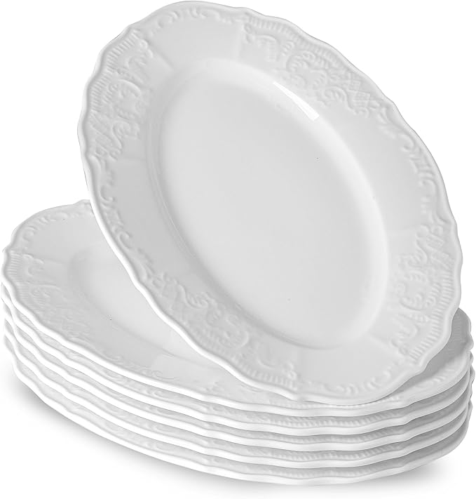 Neaylfe Ceramic Dinner Plates Set of 6, 10 inch Oval Embossed White Plates for Salad, Dessert, Appetizer, Steak, Large Flat Serving Plates for Kitchen, Restaurant, Parties