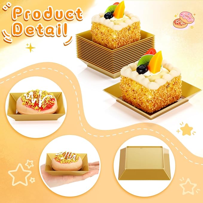 Zhehao 100 Pcs Plastic Dessert Appetizer Plates Disposable, 3.6 x 3.6 Inch Small Square Plastic Dessert Cake Plate for Party, Valentine's Day Wedding Birthday Bridal Baby Shower Supplies (Gold)
