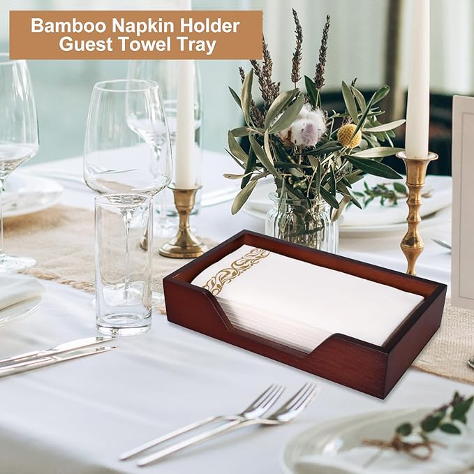 Bamboo Napkin Holder for Kitchen Table Bathroom Paper Towel Holder Farmhouse Flat Napkin Holders Brown Guest Towel Holder Hand Towel Tray Rectangle Napkin Holder