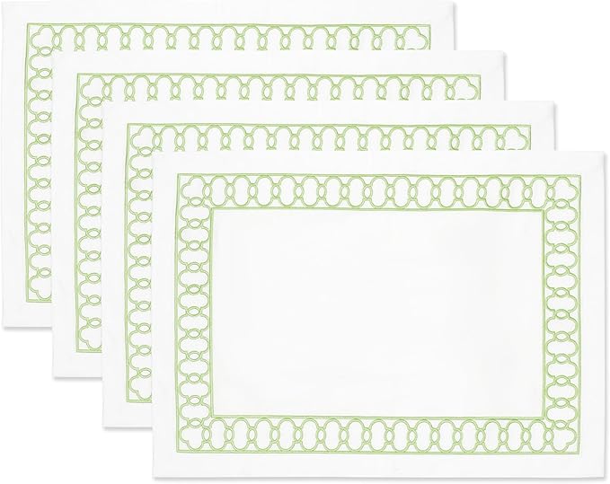 Hofdeco Premium Coastal Patio Indoor Outdoor Placemat Set of 4, 14"x19" Double-Layered, Waterproof Cloth Placemat for Kitchen or Dining Table. Green Embroidered Frame