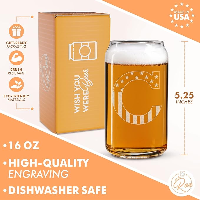 Monogram Beer Glasses for Men (A-Z) 16 oz - Beer Gifts for Men Brother Son Dad Neighbor - Unique Gifts for Him - Personalized Drinking Gift Beer Glass Mugs - Engraved Beer Can Glass (C)