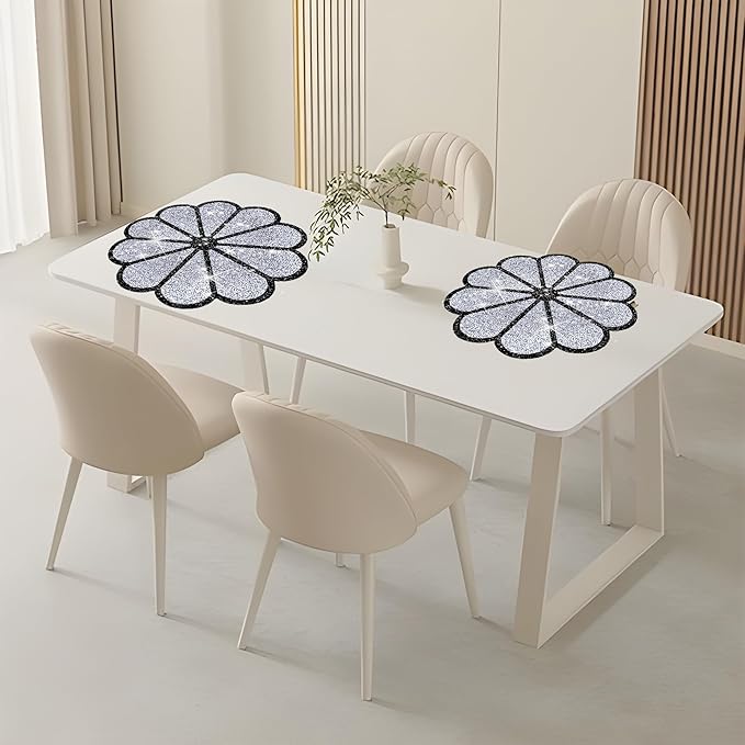 Washable Waterproof Diamond Circle Placemats for Round Tablescape Decor for Dinner and Kitchen Bling Placemats for Weddings & Special Events -12PCS (Silver and Black)