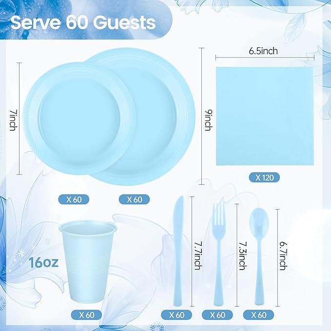 Kochorie 480 Pieces Light Blue Plastic Dinnerware Set Disposable Heavy Duty Plates Napkins Cups Silverware Dessert Dinner Plates for Birthday Wedding Baby Shower Party Supplies, Serves 60 Guests