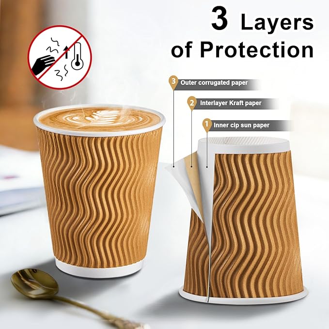 120 Pack 10 oz Coffee Cups, Disposable Corrugated Insulated Ripple Wall Paper Coffee Cups 10oz for Hot or Cold Drinks Office Home Cafe Party Travel (Champagne)