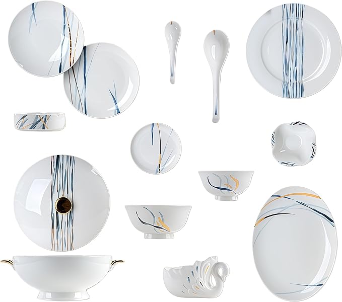 50 Pcs Fine Bone China Dinnerware Set, Porcelain & Ceramic Dinnerware Sets, Bone Stoneware & Ceramic Cookware Tableware Set Includes Dinner Plates|Spoons|Pasta Bowls|Soup Pot|Chopsticks