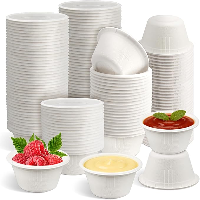 LeonBach 200 Pack 2oz Natural Sugarcane Paper Bowls, Compostable Paper Condiment Snack Sample Tasting Serving Cups Biodegradable Food Containers Small Dipping Cup, White