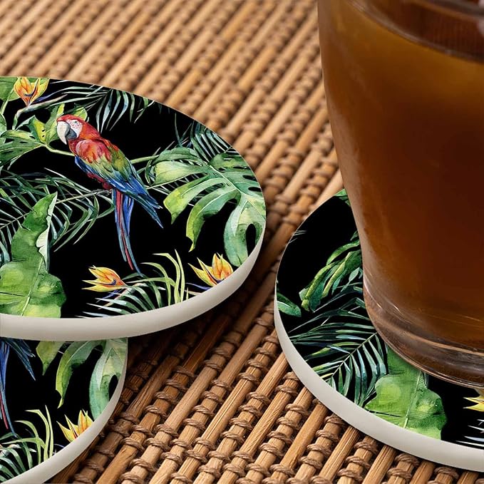 Scarlet Macaw Parrot Coaster for Drinks Individual Tropical Jungle Bird Animal Leaf Floral Botanical Palm Tree Presents for Housewarming Birthday and Family 100% Diatomite 4''X 4'',2 Pack