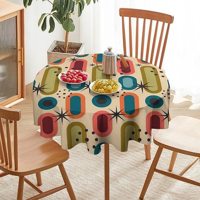 Mid Century Bohemian Round Tablecloth, Modern Medieval Geometric Abstract Print Tablecloth for Home Party Dining Room Kitchen Decor 60Inch(152cm)
