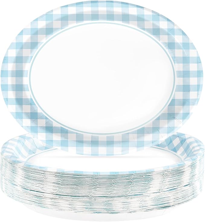 50PCS Light Blue Gingham Paper Oval Plates 10" X 12" Disposable Light Blue and White Gingham Party Plates Disposable Heavy Duty Checkered Plaid Dinnerware for BBQ Gathering Picnic Baby Shower Birthday