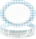 50PCS Light Blue Gingham Paper Oval Plates 10" X 12" Disposable Light Blue and White Gingham Party Plates Disposable Heavy Duty Checkered Plaid Dinnerware for BBQ Gathering Picnic Baby Shower Birthday